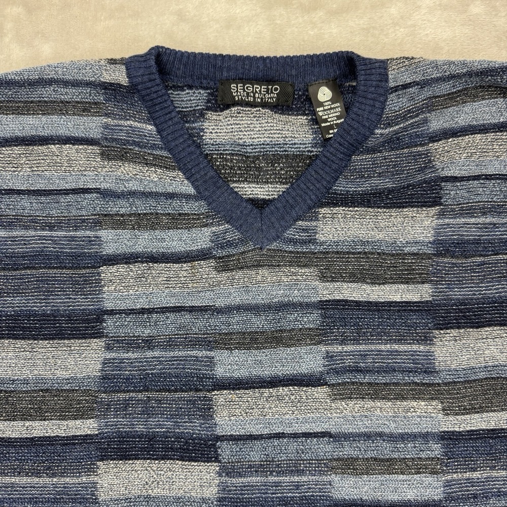 Segreto Mens Pullover V-neck Sweater Geometric Cosby‎ Merino Wool Grandpa Large